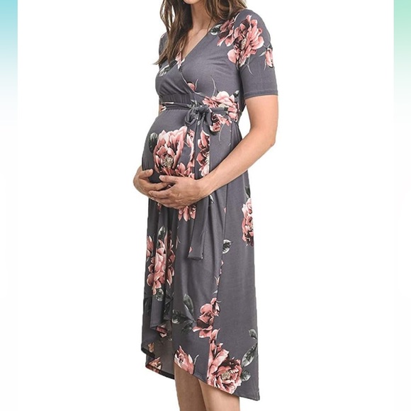 Hello Miz Gray Floral Maternity Wrap Dress XL - Picture 5 of 5